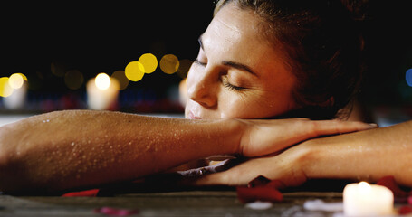 Woman, relax or zen with jacuzzi at night for vacation, holiday or getaway at luxury resort. Female...