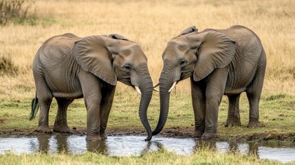 Elephants Grazing Near Waterhole in Afternoon Light