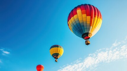 Naklejka premium Three colorful hot air balloons float in a blue sky with white clouds.