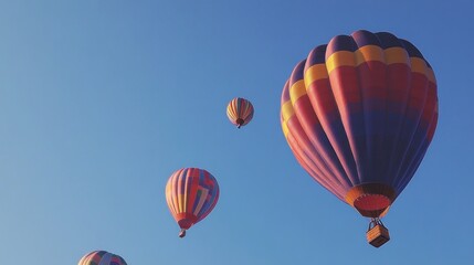 Obraz premium Colorful hot air balloons soar through a clear blue sky on a bright sunny day.