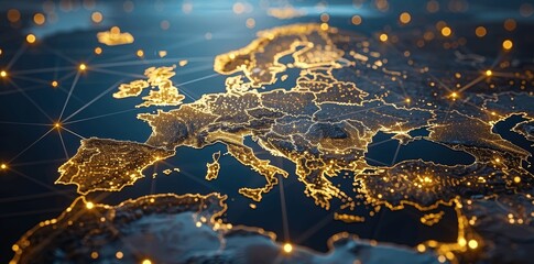 Digital Map of Europe with Global Network Connections Highlighting Middle East Region for Connectivity and Business Exchange