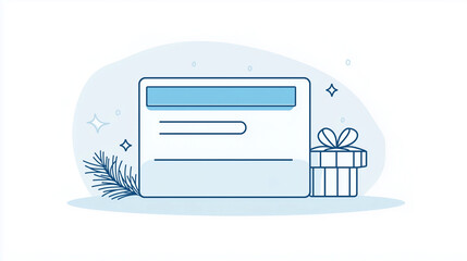 Gift card with present and pine branch on light background.