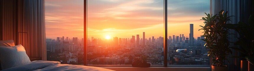 Breathtaking sunrise view from a modern bedroom window overlooking a vibrant city skyline surrounded by clouds and soft morning light.