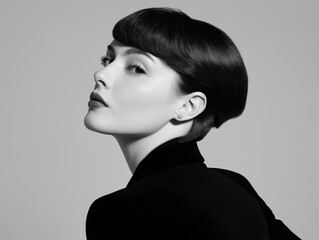 portrait woman with makeup and a fashionable hairstyle poses in studio