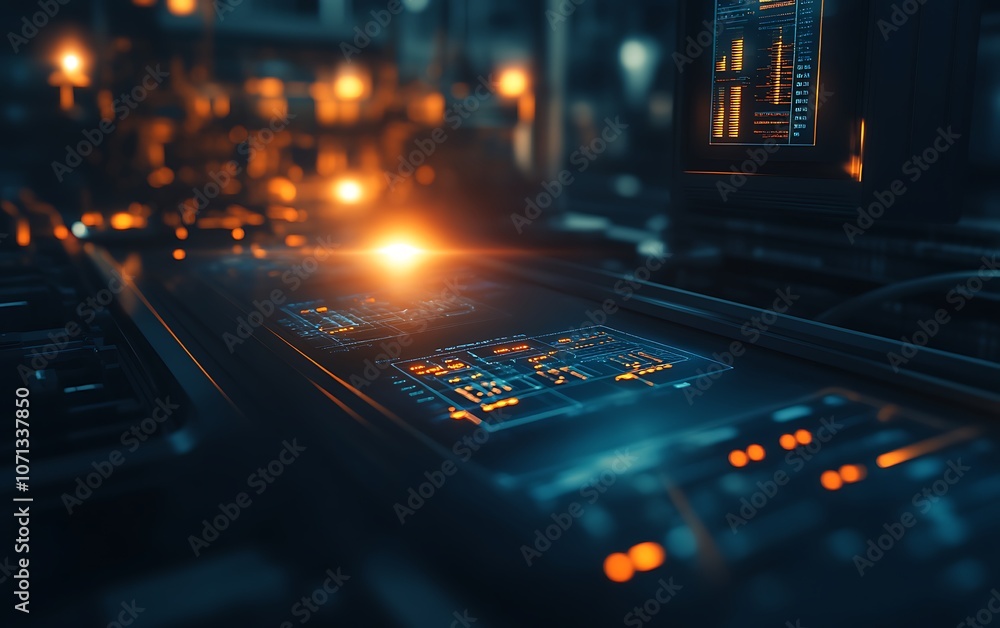 Poster A futuristic control panel glows softly, showcasing intricate circuitry and vibrant lights in a dimly lit environment.