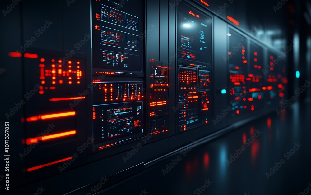 Aufkleber A high-tech server room illuminated by vibrant red and blue lights, showcasing advanced data processing equipment in a sleek, dark environment.