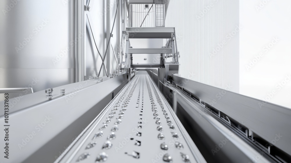 Poster conveyor belt system: close-up view of a modern, efficient conveyor belt system in a clean, industri