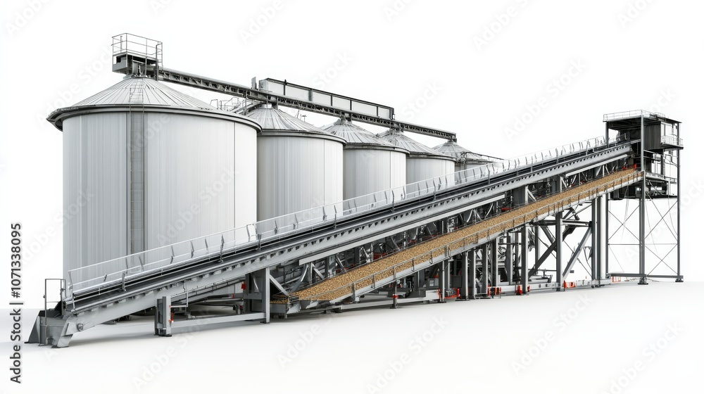 Poster industrial silo complex: a 3d rendering of a large-scale industrial silo complex, showcasing multipl