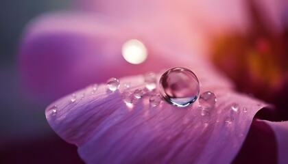 Close-up of water droplets on flower petals. Radiance and sparkle Smooth bokeh. 3D illustration.