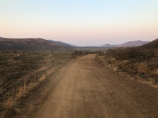 Dusty dirt road winding through African savanna with distant hills under pastel sky