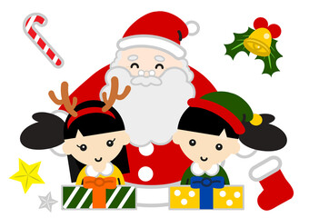 笑顔のサンタクロースとプレゼントをもらう子供たち