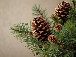 Pine Cones on Evergreen Branch Close up