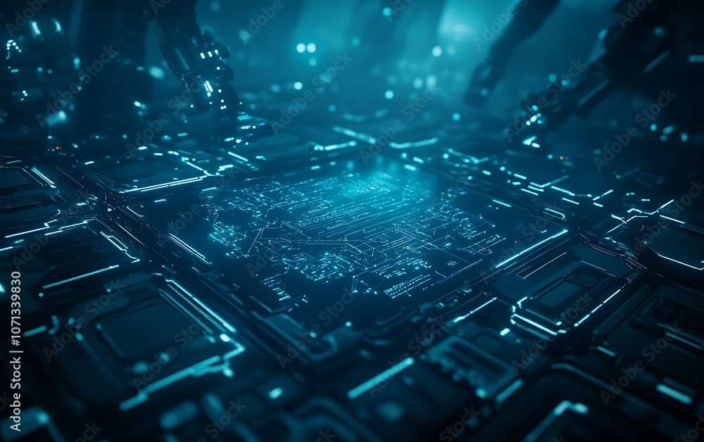 Leinwandbilder a visually striking, futuristic representation of a digital circuit with glowing elements, conveying