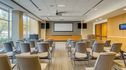 Empty auditorium with rows of chairs facing a large screen.