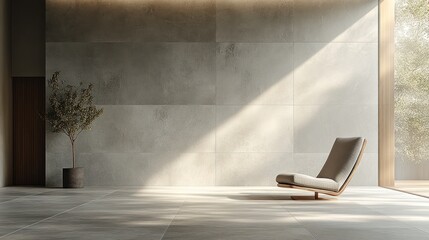 Minimalist living room with a single chair, a potted plant, and large windows.