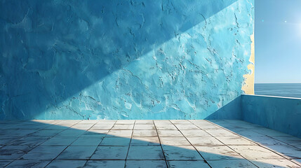 Obraz premium Blue Wall and Tiled Floor with Ocean View 3D Illustration