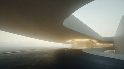 Modern architecture with an open road leading to an entrance.