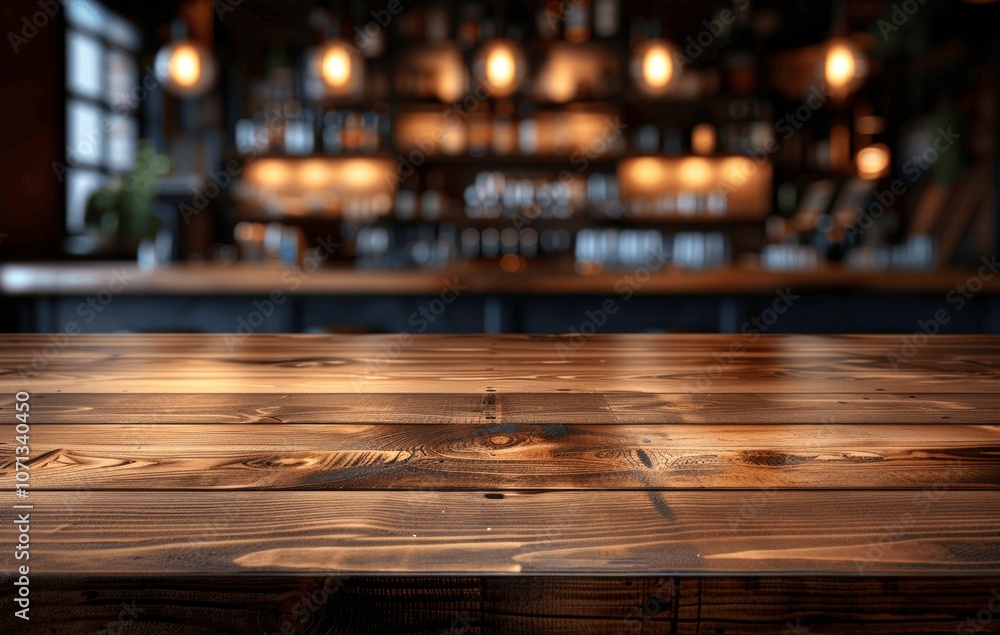 Aufkleber rustic wooden table with blurred bar background for product display in pub