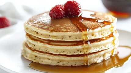 A stack of four golden brown pancakes drizzled with maple syrup and topped with fresh raspberries on a white plate.