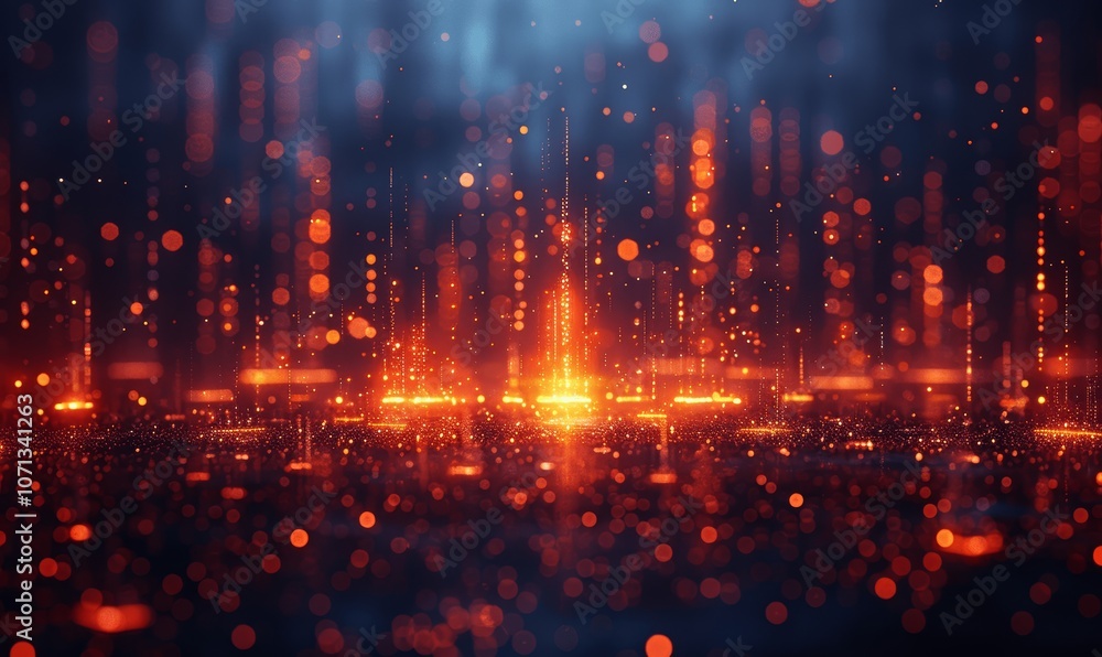 Poster abstract digital technology background with glowing lines and particles in blue and orange