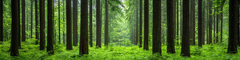 Fototapeta premium Coniferous forest in greenery.