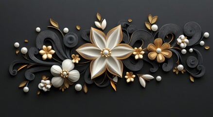 3D render, golden flowers and pearl swirls on a dark background