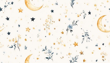 Watercolor seamless pattern with crescent moons, stars, and floral elements in soft blue and gold tones.