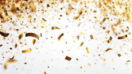 Golden confetti falling gracefully on white background creates festive atmosphere, perfect for celebrations and special occasions