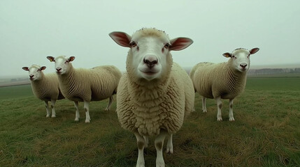Group of Cute Lambs Playing in a Lush Green Field