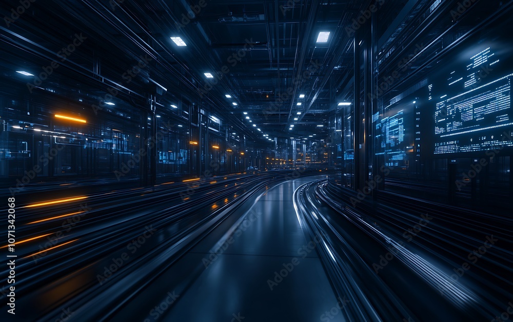 Poster a futuristic tunnel with vibrant blue and orange lights, creating a dynamic and immersive digital at