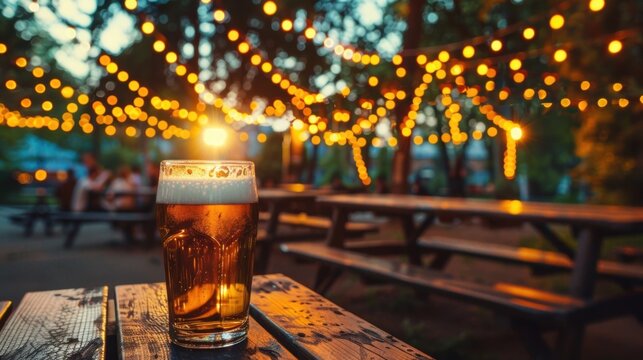 An expansive outdoor beer garden with string lights and communal picnic tables plays host to a brewery tour.
