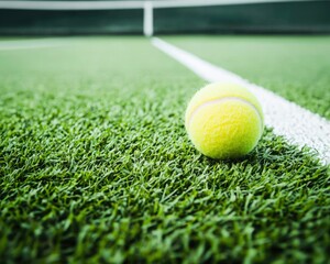 A close-up view of a tennis ball resting on the grass court, highlighting the vibrant color against the green turf.