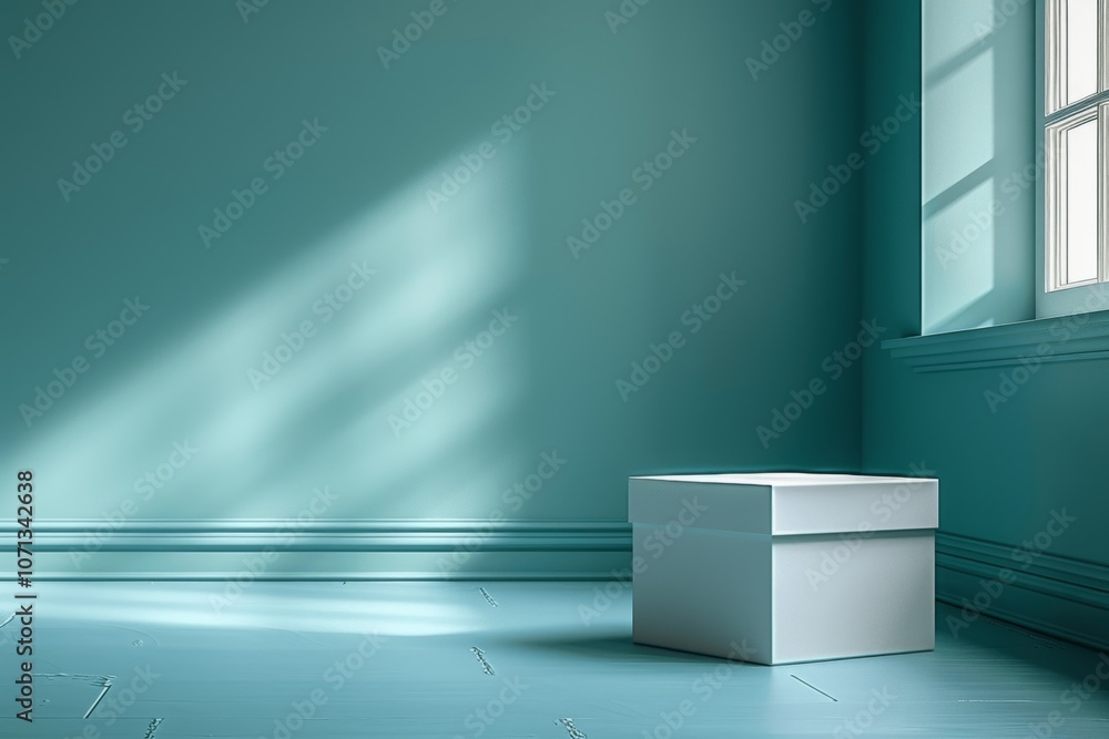 Poster minimalist white rectangular block on teal background with soft lighting and shadows