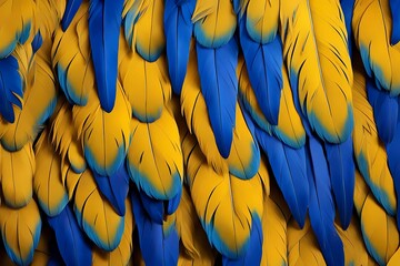 Obraz premium Bright, colorful close-up of bird feathers, blue and yellow hues, detailed, tropical feel