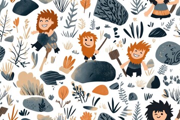 Seamless pattern of cute cartoon cavemen and women with rocks, flowers and plants.