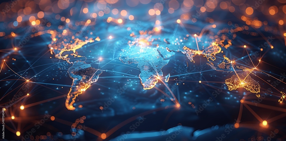 Poster global network connectivity concept with glowing connections on world map