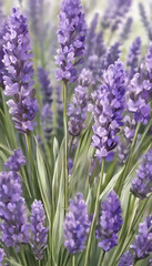 Obraz premium A close-up view of blooming lavender flowers with soft purple hues and green stems, creating a serene and calming atmosphere.