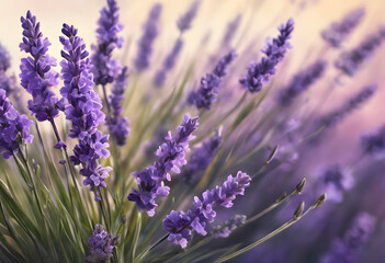 Obraz premium A close-up view of blooming lavender flowers with soft purple hues and green stems, creating a serene and calming atmosphere.