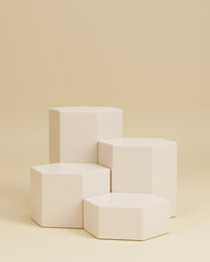 3D beige podium background with hexagon pedestal. Platforms mock up stand product display presentation. Stand to show cosmetic products. Abstract pastel composition in minimal design. Stage showcase