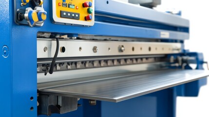 Hydraulic Metal Shear Machine  wide shot of a hydraulic shear for metal cutting, on a white background, displaying the blade area and control panel