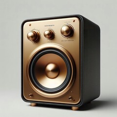 a metallic silver, gold style 60s retro speaker, vintage realistic, hyper realistic, isolated on white background