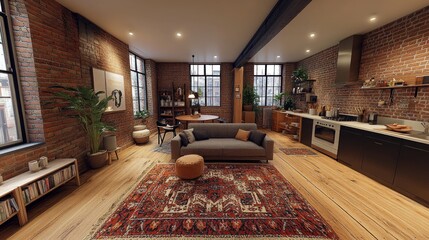Fototapeta premium Modern loft apartment with exposed brick walls, wood floors, and a large rug.