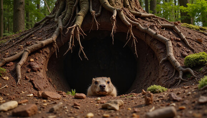 Obraz premium Groundhog peeking from large tree root burrow in forest