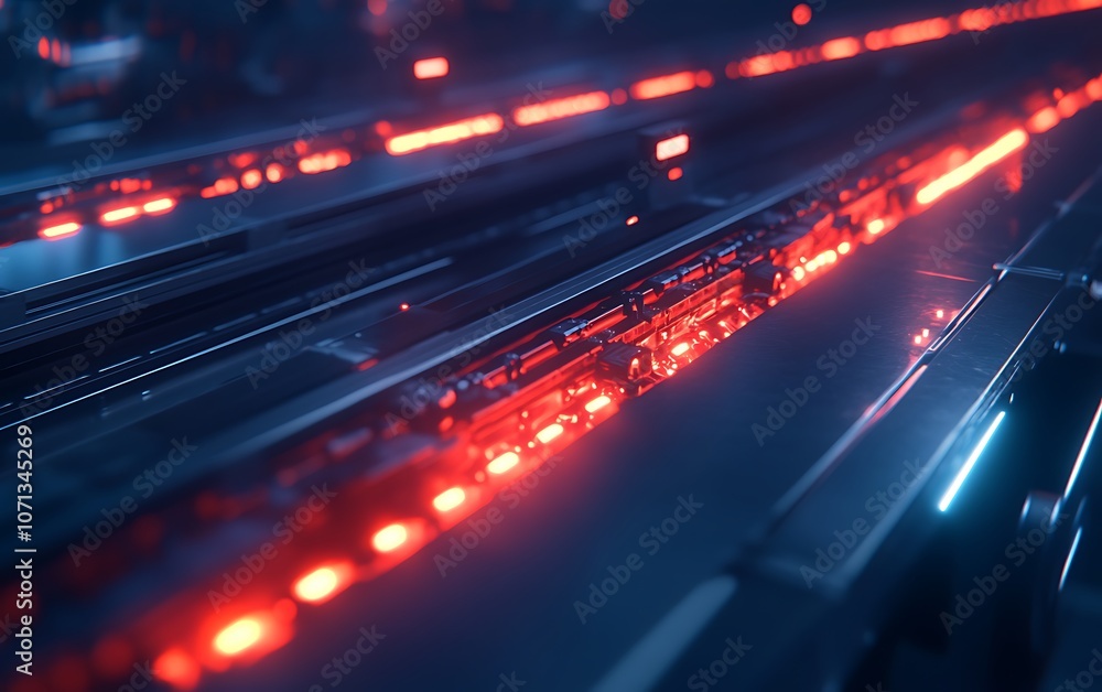 Poster a close-up view of illuminated lines featuring vibrant red lights, set against a dark background, cr