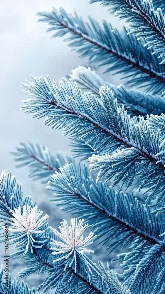 Poster pine branches covered in a frosty layer of snow, creating a winter wonderland
