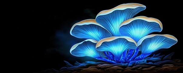 Naklejka premium Vintage botanical study of a bioluminescent mushroom, watercolor, soft earthy colors, glowing blue details, natural light