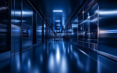 A futuristic hallway bathed in blue light, featuring sleek metallic surfaces and a reflective floor, creating a high-tech atmosphere.