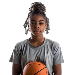 A teenage Black girl in a t-shirt holding a basketball, isolated on white background