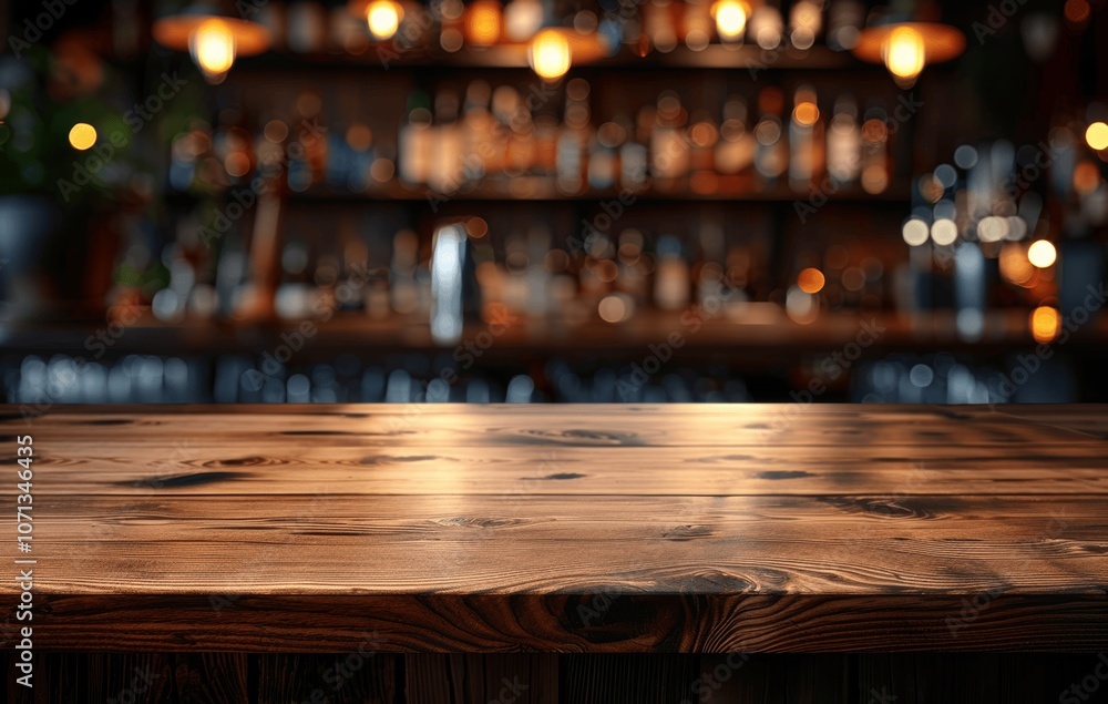 Poster empty wooden table in rustic bar for product display with blurred background