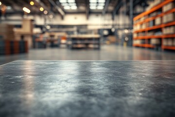 Blurred background of an industrial workshop with a focus on an empty metallic table in the foreground, perfect for product display or design mockups.